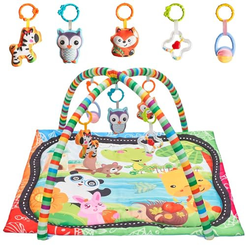 Spielbogen Baby - Spieldecke Baby mit Bogen - Spielmatte für Neugeborene - Interaktiver Krabbeldecke mit Spielzeug 5 Stück für Mädchen und Junge - Babyspielmatte