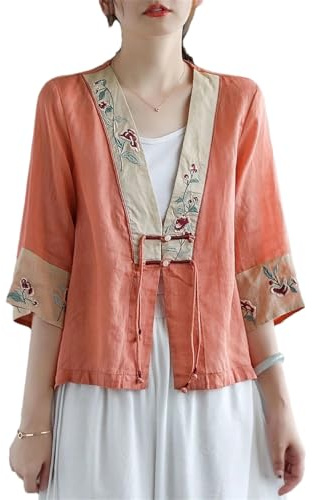 BoShiNuo Broderie chinoise Hanfu Tops National Tang Costume Chemise Col V Femmes Chemisier Traditionnel Cardigan Décontracté Lâche, Orange rouge., L