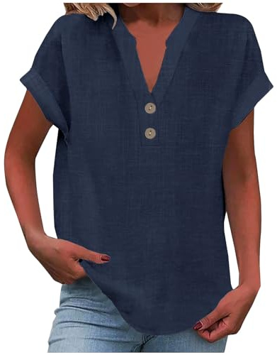 Chic Et Élégant Chemises en Coton Et Lin Col V pour Femmes Chemisiers Et Blouses Femme Manches Roulées Chemisier Femme Été Ample Tunique Boutons Couleur Uni Tops Polyvalente Chemise Lin
