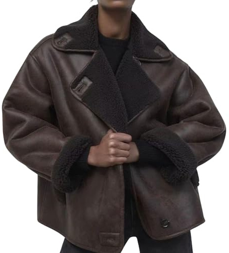 loveimgs Chaqueta gruesa de gamuza sintética con forro de sherpa para mujer, abrigo de piel de oveja de gran tamaño, chaqueta de motociclista, abrigo de invierno, Marrón, X-Large