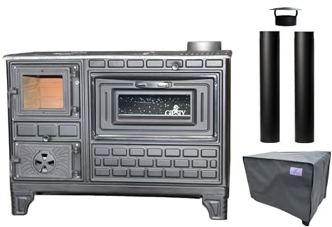 Giesty® Horno de Cocina Exterior, Horno de terraza, Cocina Exterior con leña o carbón Vegetal, Horno de jardín, Cocina de Exterior (Puerta de Vidrio+2 Tubos+Cubierta Impermeable)