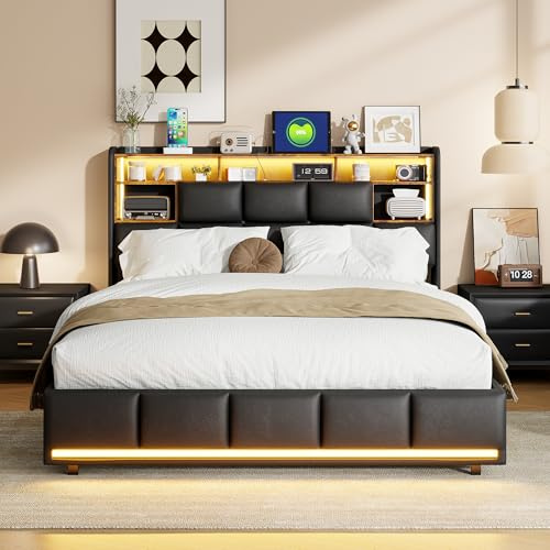 BPKADHY Cama tapizada de 160 x 200 cm con iluminación LED, cama doble con espacio de almacenamiento y somier, cabecero con función de carga USB tipo C y espacio de almacenamiento hidráulico