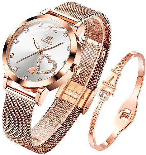 OLEVS Damenuhr Roségold mit Herz Diamant Weiße Gesicht wasserdicht Armreif Armband Set Armbanduhren für Damen