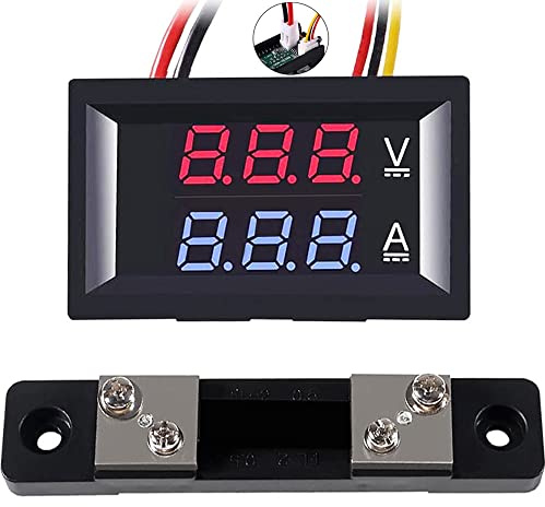 Greluma 1 Pezzo Voltmetro amperometro digitale da 0,28'', DC 0-100V 50A, doppio display LED rosso e blu, misuratore di tensione e corrente, tester 2 in 1 con shunt 50A/75mV
