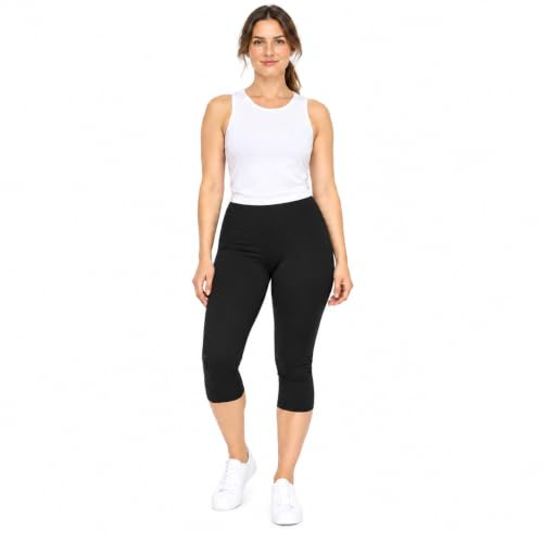 L S U Womens 3/4 Capri Short Leggings Stretchy Fit Pull On Elasticated Waistband Casual Cropped Pants Party Wear (Black 3XL)