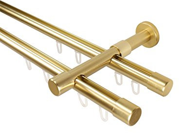 iso-design Innenlauf Gardinenstangen 2-läufig Farbe Messing matt, 20 mm Durchmesser, Wandmontage, Gardinenstangenkomplettset aus Metall mit Wandhaltern und Endstücken Kappe, 320 cm (2 x 160 cm)