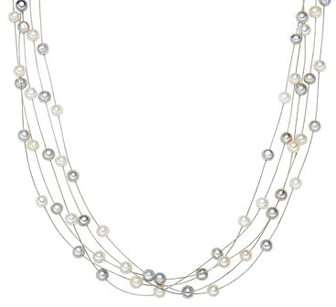 Valero Pearls Damen-Kette Hochwertige Süßwasser-Zuchtperlen ca. 6 mm Oval weiß/grau 925 Sterling Silber - Perlenkette mit echten Perlen mehrreihig