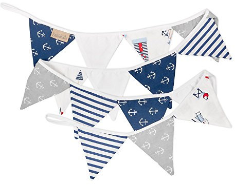 KraftKids Stoff-Wimpelkette dunkelblau grau weiss, handgemachte Wimpel-Girlande aus Baumwolle