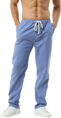 HOEREV Men Casual Strandhosen Leinen Hose- Gr. XXXL (Taille 45-47 zoll), Hellblau