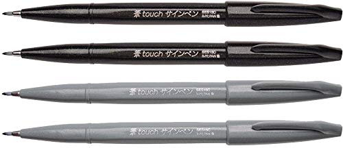 Pentel Sign Pen Brush Touch Set of 4 Letter Ring 2x Black + 2x Grey (Shades) Fibre-Tip Pens with Brush-like Tip