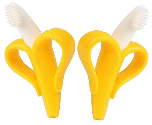 Sunnysam 2Pcs versiegelt Baby Banana Beißring Spielzeug Weiches Silikon Kinderzahn Training Zahnbürste