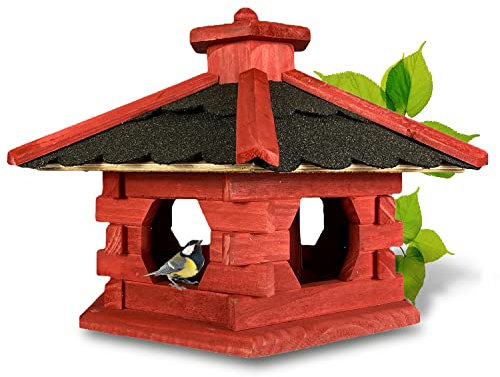 GARTENETAGE Futterhaus Skandinavia mit Futtersilo für Vögel/massives Vogelhaus aus Holz, wetterfest/Vogelhäuschen für Balkon und Garten, handgefertigt/Futterhaus für Vögel - Farbe Schwedenrot