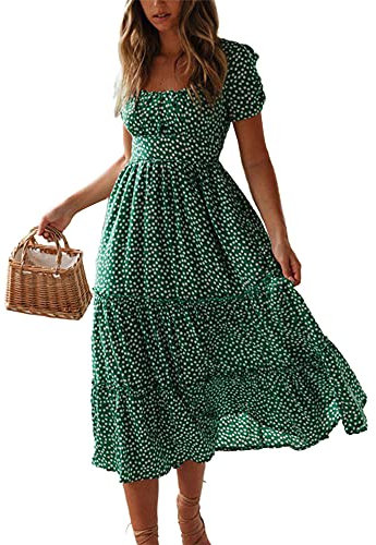 Colisha Womens Short Puff Sleeve Square Neck Floral Midi Dresses Flared Flowy Chiffon Maxi Dress Summer Beach Holiday Sundress XL Green