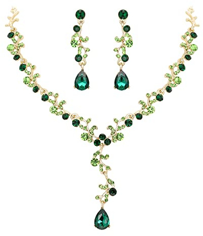 Clearine Parures Mariage Goutte d'eau Feuilles Courbées en Cristal Collier Boucles d'oreilles Bijoux de Mariée Vert Ton d'or
