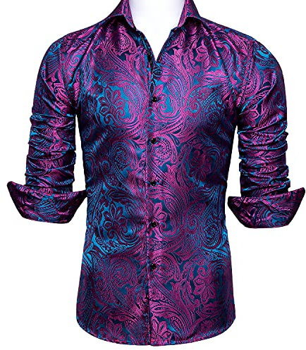 Barry.Wang Herren Paisley Bequemer Schnitt für große und große Männer Hemd Seide Business Hochzeit Freizeithemd für Männer Lila S-3XL