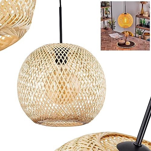 Hängeleuchte Bauro, Hängelampe aus Metall/Bambus in Schwarz/Natur, Pendelleuchte im angesagten Boho Design mit Schirm aus Bambus (Ø 30 cm), 1-flammig, Höhe max. 152,5 cm, 1 x LED E27 ohne Leuchtmittel