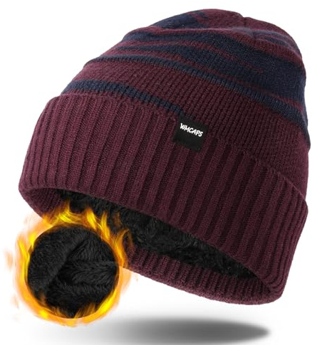 Wmcaps Wintermütze Herren, Thermo Winter Beanie Mütze Herren und Damen, Weiche Wollmütze mit Bündchen, Gestreifte Strickmütze Warme Stretchy Dickem Plüsch Ski Mütze Männer(Weinrot)