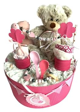Sinchns Bastelzauber Windeltorte - Kuscheltiere - Geschenk, Babyparty, Geburt, Taufe, Babygeschenk (Rosa Weiß) - Windelgeschenkkorb - 30 Stück Größe 3