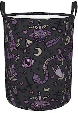 Purple Black Goth Spooky Print Round Single-Layer Dirty Laundry Basket – Full-Width Printed Design, Waterproof Oxford Cloth Material, Suitable For Various Rooms