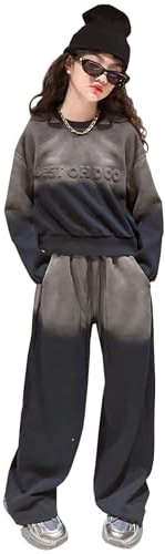 L SERVER Survêtement Fille à Col Rond Ensemble 2 Pièces Coton Jogging Enfant Décontractés Vêtements de Sport pour Printemps et Automne, Noir, 12-13 ans