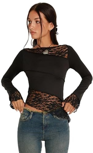 Haibang Maglietta a Manica Lunga Donna Maglia Sexy Slim Fit Y2k Crop Top con Bordo in Pizzo Patchwork Trasparente T-Shirt Girocollo Elegante Aderente Camicia Pullover Moda Clubwear Streetwear