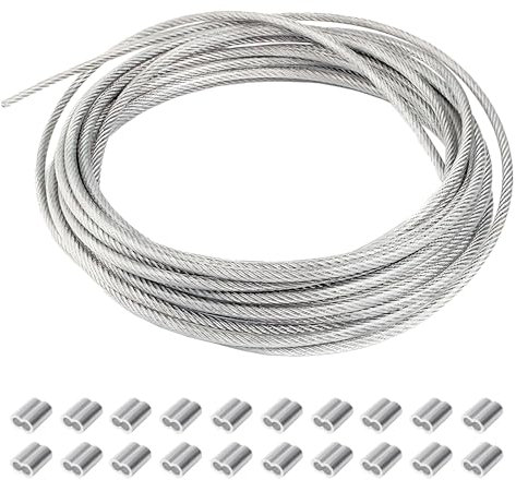 RRRST 60m 1mm Cavo Acciaio Inox 304, Fune in Filo Acciaio Rivestito PVC, Nucleo 7 x 7, Corda Metallica in Acciaio