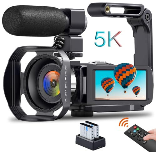 Videokamera 5K Camcorder, HD 64MP 30FPS IR Nachtversion Vlogging Kamera, 3.0-Zoll Touchscreen WiFi 18X Zoom Digitalkamera YouTube Camera Recorder mit Mikrofon, Fernbedienung, Gegenlichtblende, 2 Akku