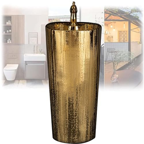 Fregadero de pedestal, lavabo de cerámica de 32 pulgadas de alto con grifo y drenaje emergente, diseño dorado moderno, sin desbordamiento, incluye espejo