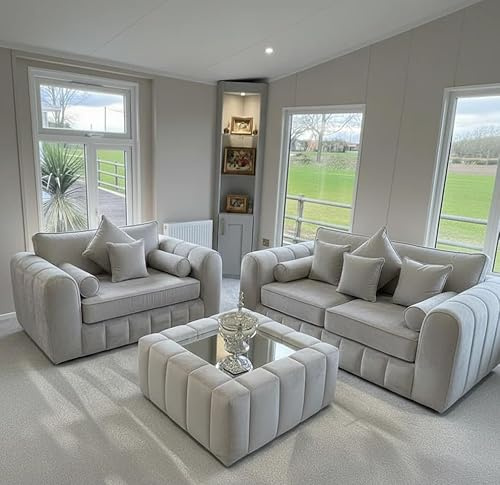 3 + 2 Seater Lilly Sofa Set for Living Room with Free Coffee Table | Comfortable Fabric Sofa Set | Modern Design | Available in Beige, Cream, Dark Grey & Silver (Silver)