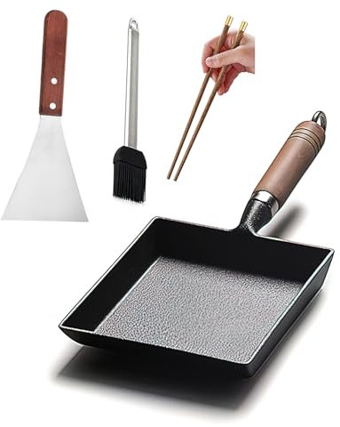 YYMIYU Tamagoyaki - Sartén japonesa para tortilla de hierro fundido con mango de madera, 22,8 x 17,8