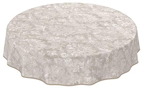 Nappe en Toile cirée Lavable pour Le Jardin, de Forme Ronde, Ovale ou rectangulaire, pour l'intérieur et l'extérieur, Motif Baroque vrillé, Beige-Gris Clair, Ronde, 120 cm, avec Ourlet, Bordure