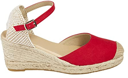 NOESLOMISMO BY DILEMA Espadrillas dam kilklack i mocka - stängda sandaler tillverkade i Spanien med rem - bekväma sommarskor i jute och halkfri gummisula, Röd, 37 EU
