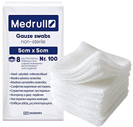 Medrull Gauze Swabs Pack of 100 - Compresses 5 cm x 5 cm Non-Sterile - 8-Ply Gauze Swabs - Wound Dressing