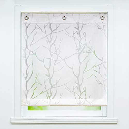 Delien Voile Raffrollo ohne Bohren mit Ösen Transparente Ausbrenner Gardine Küche Raffgardine Kurz Rolls Vorhang »Äste« Ösenrollo Schals Modern Fenster Gardinen BxH 100x140cm,Weiß