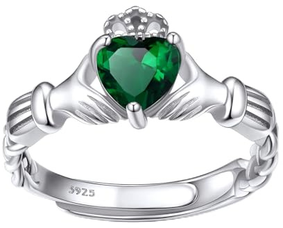 Bestyle 925 Sterling Silver Claddagh Ring for Women,Hypoallergenic Adjustable Heart Cut Emerald Irish Wedding Band, Jewelry Gifts for Mother's Day,Anniversary