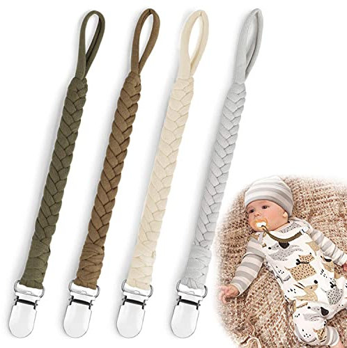 Schnullerkette Baumwolle Schnullerband Mädchen und Jungs Schnullerketten Clips für Lätzchen Dreieckstuch Sauger 4 Stücke（ braun）