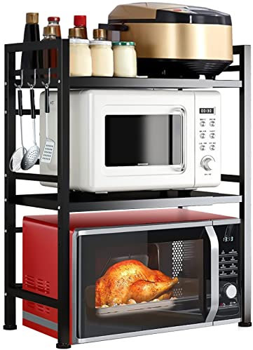 GOI Microwave Shelf Stand, 2Tier Expandable Microwave Oven Rack Storage Solution Organiser Stands Utensil Holder Adjustable Width & Height Kitchen Stand Counter Shelf with 3 Hooks (Black 2-Tier)