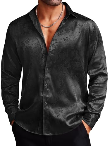 COOFANDY Men's Paisley Floral Rose Dress Shirts - Silk Stretch - Wedding Party Shirts - Long Sleeve XL Black