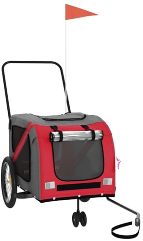 vidaXL Remolque de Bicicleta para Mascotas, Carrito para Perros Gatos, Remolque de Carga para Compra Camping, Hierro Tela Oxford Rojo Gris