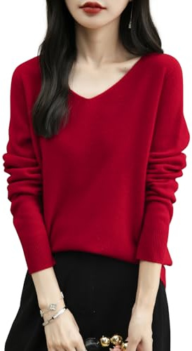 Chanyarn Femme 100% Lain Merino Col en V Pull 2025 Décontracté à Manches Longues sans Couture Pull en Tricot (Red,M)