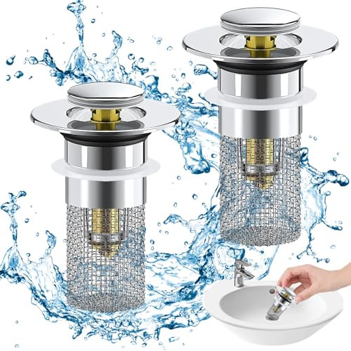 Qintora 2 Pezzi Tappo Lavandino Universale Pop Up con Filtro per Capelli, Tappo di Scarico per Lavabo da Bagno e Cucina, Adatto per Foro di Drenaggio di 34-40mm, Filtro in Acciaio Inossidabile
