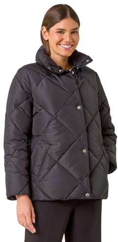 Roman Diamond Quilted Puffer Coat for Women UK - Ladies Autumn Everyday Winter Holiday Button Closure Comfy Long Sleeve Soft Pocket Detail Daywear Fully Lined Jackets - Black - Size 18