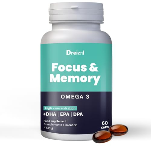 Dreizol by Brudy Lab - Focus & Memory – Nootrópico de alta dosis - Omega 3 con alto contenido en DHA, EPA y DPA, Vitamina A, Luteína y Zeaxantina - Ayuda a la Memoria y la Concentración - 60 Cápsulas