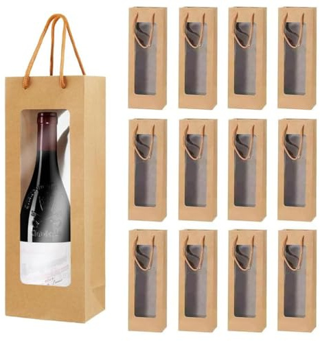 12 Sacs Cadeaux Vin en Papier Kraft avec Poignée - Sac Réutilisable pour Bouteille (Fenêtre Transparente) - Idéal Mariage/Noël/Fête - Organisateur de Flacons