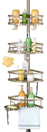 HAMITOR Corner Shower Caddy Tension Pole: Rustproof 4-Tier Bathroom Organizer Shelves for Bathtub Shampoo Storage - 47-121 Inch Quick Install Adjustable Rod Standing Rack with Soap Rack -Tan Khaki