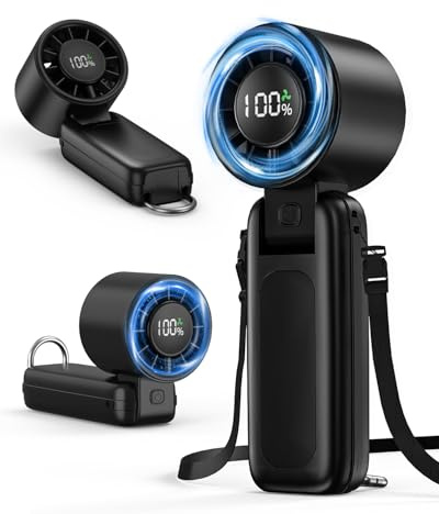 3 in 1 Handheld Portable Turbo Fan, 180° Foldable 6-Speed (1-100) Mini Fan, 5000mAh Rechargeable Battery Operated up to 15 Working Hours, LED Display Personal Cooling for Travel Indoor Outdoor (Black)