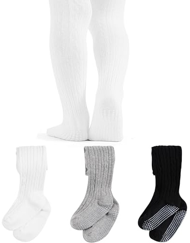 Collant per bambini per bambine, antiscivolo, confezione da 3 pezzi, in cotone, unisex, per neonati, bambini (6 mesi-6 anni), colore nero, bianco, rosa, grigio, #1 nero+ bianco + grigio chiaro, 2-4