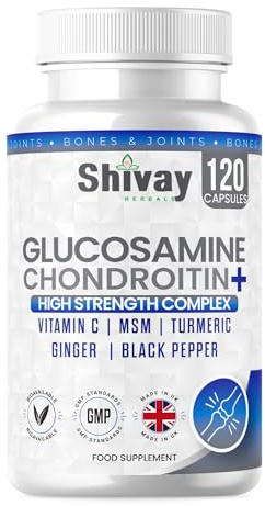 Glucosamine and Chondroitin High Strength Complex with Vitamin C, MSM, Turmeric, Ginger, Black Pepper | 120 Capsules - 2 Month Supply | Joint & Bone Support | UK Made by Shivay Herbals