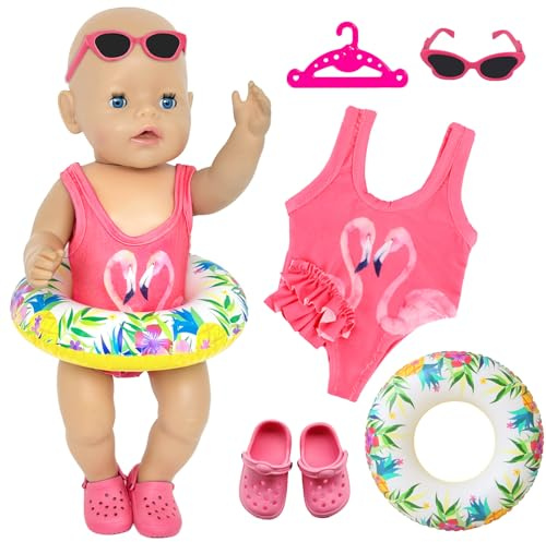 Baby dockor baddräkt set för 35–45 cm simdocka kläder flamingo dockkläder, simring, skor, solglasögon, klädhängare, för 14–18 tums dockor outfit för pojkar flickor gåva