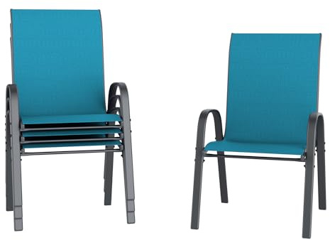 Amopatio Trädgårdsstolar, stapelbara set om 4, höga ryggstöd, stapelbara stolar av textil och metallram, terrassstolar, balkongstol med armstöd väderbeständig, 60 x 72 x 96 cm, ljusblå